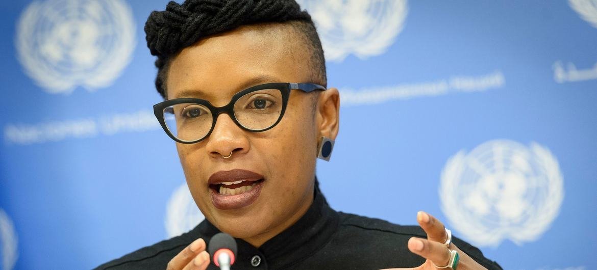 Tendayi Achiume, Special Rapporteur on Contemporary forms of Racism, Racial Discrimination, Xenophobia and Related Intolerance, briefs journalists at UN Headquarters in New York. (October 2019)