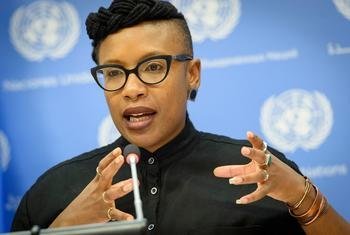 Tendayi Achiume, Special Rapporteur on Contemporary forms of Racism, Racial Discrimination, Xenophobia and Related Intolerance, briefs journalists at UN Headquarters in New York. (October 2019)
