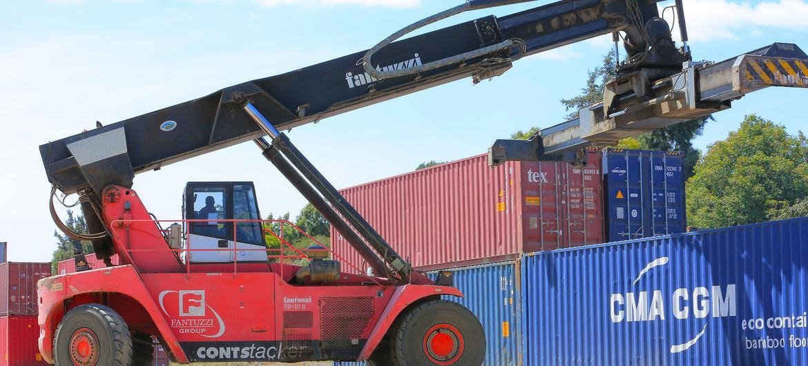 Road freight is processed at a port in Addis Ababa, Ethiopia.