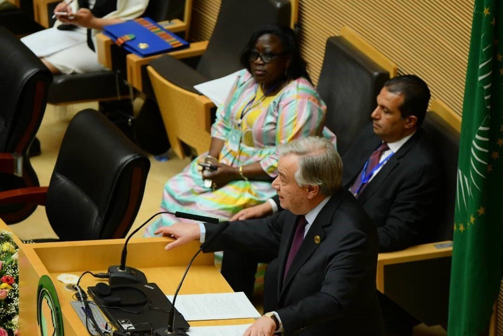 Le Secrétaire général des Nations Unies, António Guterres, s'adressant au Sommet de l'Union africaine à Addis-Abeba (Éthiopie), le 9 février 2020 (archive).
