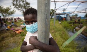 A young boy in Sofala Province, Mozambique.  Families were temporarily rehoused at a relocation centre after their homes were destroyed by Cyclone Eloise in January.