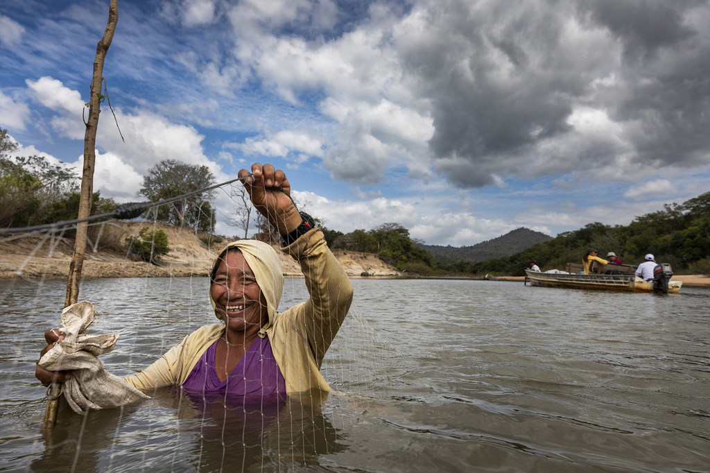 2 يناير / كانون الثاني 2020، نهر روبونوني، غيانا - شوهدت امرأة محلية تصطاد مع أسرتها باستخدام شبكة في المياه الضحلة لنهر روبونوني.