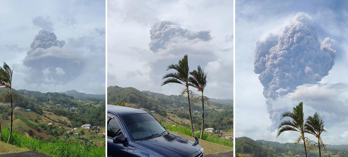 Plumes of ash billow from the La Soufriere volcano on the island of St. Vincent and the Grenadines which started erupting on 9th April.