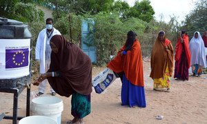 达达布难民营的难民遵守新冠预防规程认真洗手。