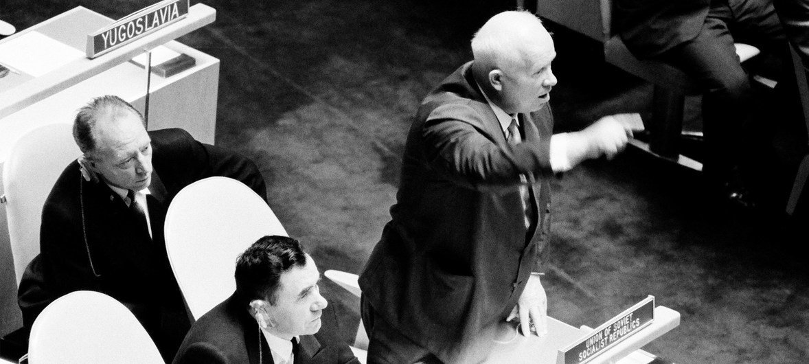 1960年，参加联合国大会第15届会议的苏联领导人赫鲁晓夫。