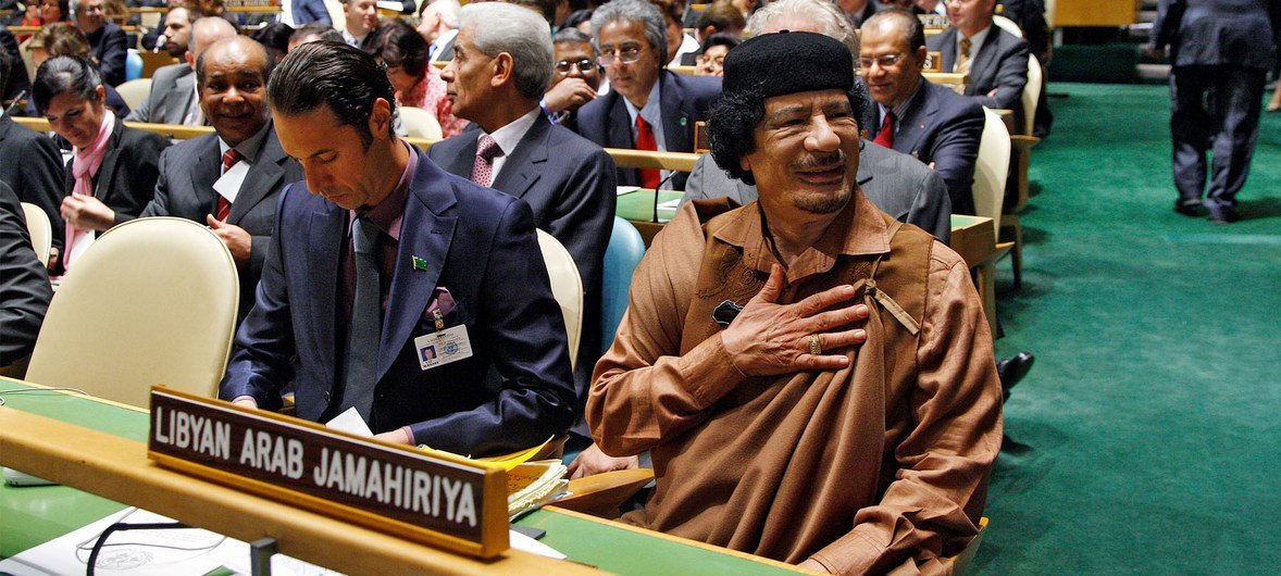 2009年，利比亚领导人卡扎菲在纽约出席联大第64届会议。