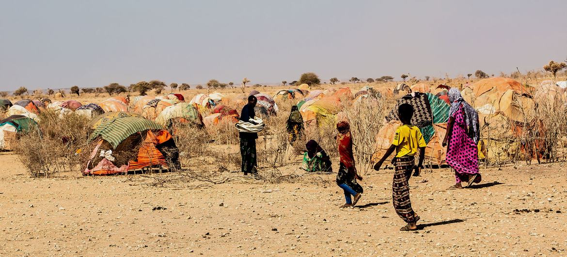 نساء وأطفال في مخيم مؤقت في منطقة شابيلي في المنطقة الصومالية في إثيوبيا.