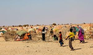 Des femmes et des enfants dans le camp de fortune du village de Gabi'as, dans la zone de Shebele. Le camp est constitué de buuls* - tentes traditionnelles somaliennes fabriquées avec de la brousse et des tissus artisanaux.