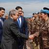 Secretary-General António Guterres greets Mongolian peacekeepers which has the largest per capita contribution to peacekeeping operations.