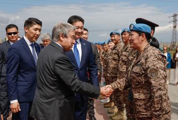 Secretary-General António Guterres greets Mongolian peacekeepers which has the largest per capita contribution to peacekeeping operations.