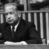 UN Secretary-General Dag Hammarskjöld holds a press conference at UN Headquarters on 24 March 1960.