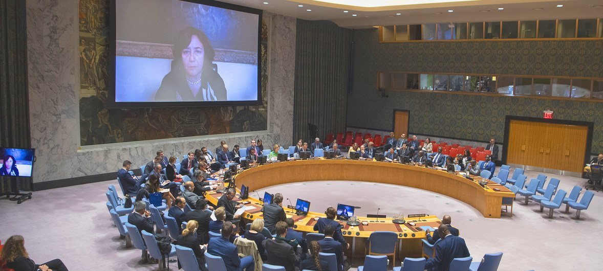 Leila Zerrougui (on screen), Special Representative of the Secretary-General and Head of the UN Organization Stabilization Mission in the Democratic Republic of the Congo, briefs the Security Council.