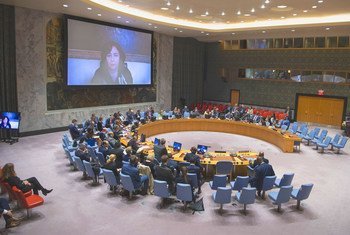 Leila Zerrougui (on screen), Special Representative of the Secretary-General and Head of the UN Organization Stabilization Mission in the Democratic Republic of the Congo, briefs the Security Council.