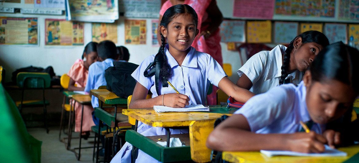 Young girls in a classroom in Sri Lanka.