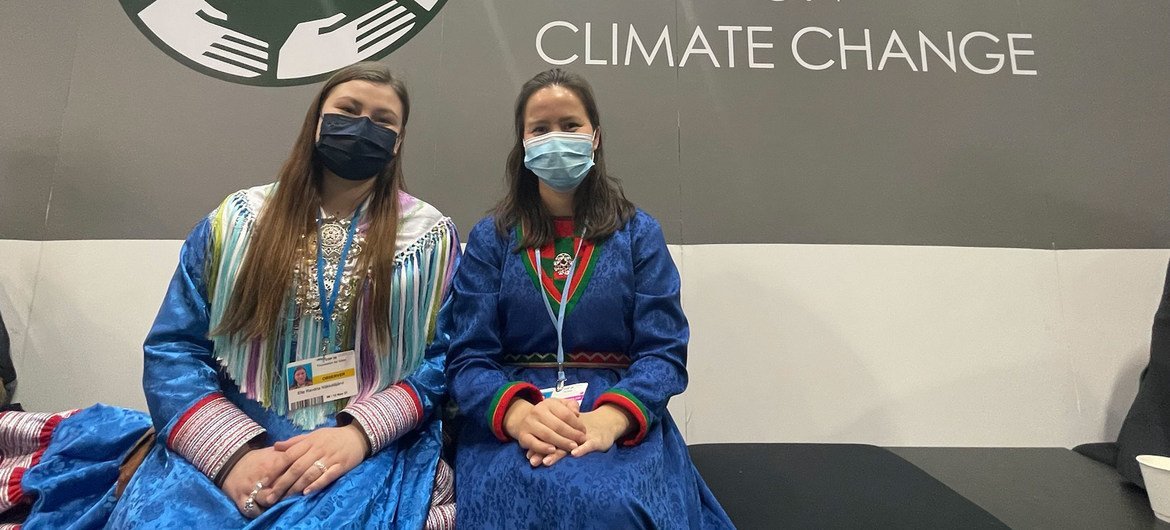 Indigenous young women representatives of the Sami People astatine  the COP26 pavilions.