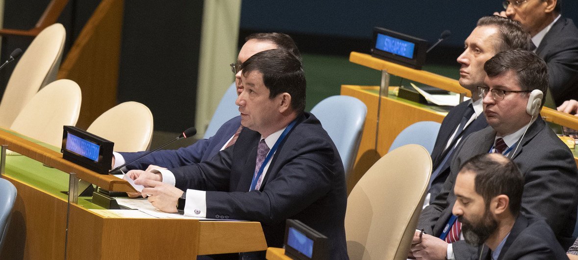 Представитель России, первый заместитель Постпреда Российской Федерации при ООН Дмитрий Полянский на пленарном заседании Генеральной Ассамблеи ООН по предотвращению конфликтов. 