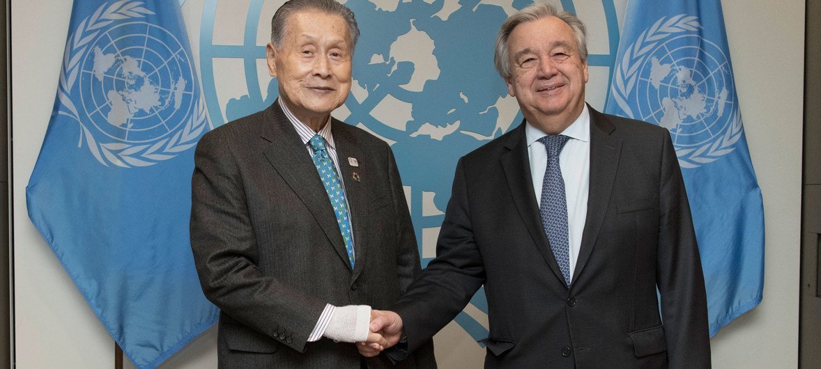 Secretary-General António Guterres (right) meets with Yoshiro Mori, President of the Tokyo Organising Committee of the Olympic and Paralympic Games.