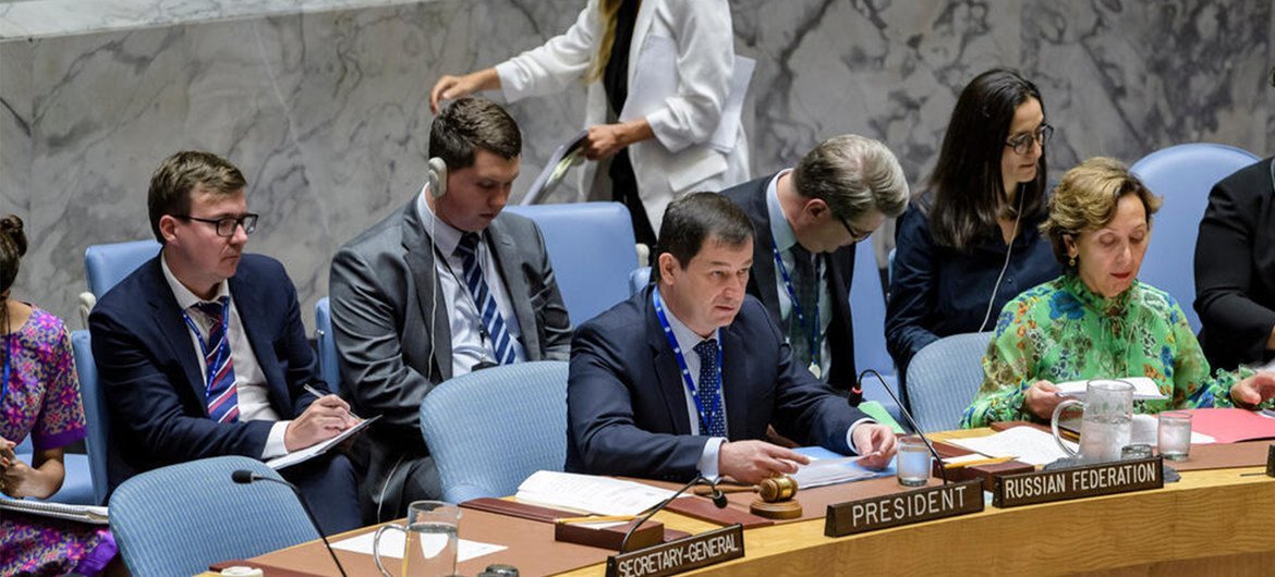 Дмитрий Полянский на заседании Совета Безопасности. Россия - Председатель СБ ООН.