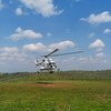 A helicopter form the UN peacekeeping mission in the Democratic Republic of the Congo touches down in Djugu in Ituri province in December 2019.