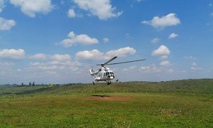 A helicopter form the UN peacekeeping mission in the Democratic Republic of the Congo touches down in Djugu in Ituri province in December 2019.
