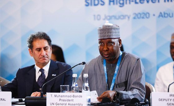 The President of the UN General Assembly, Tijiani Muhammad-Bande, addresses the International Renewable Energy Agency (IRENA) in Abu Dhabi. 