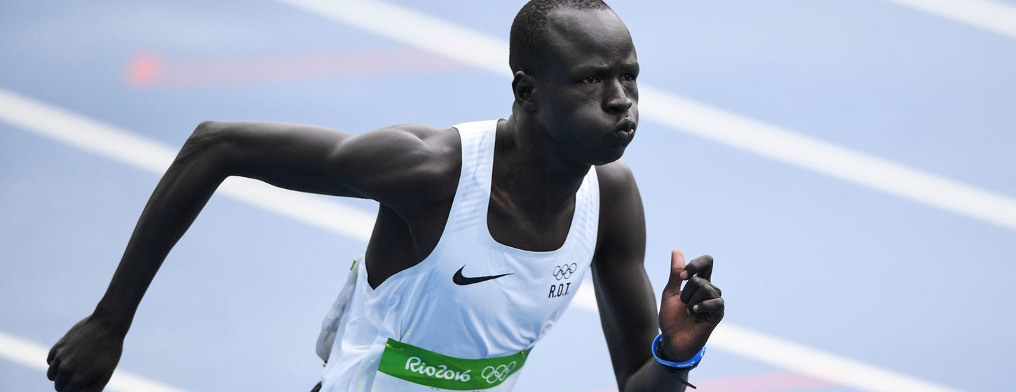 South Sudanese refugee, Yiech Pur Biel, runs the 800-metres for the Refugee Olympic Team in Rio. (August 2016)