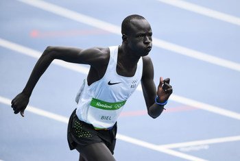 South Sudanese refugee, Yiech Pur Biel, runs the 800-metres for the Refugee Olympic Team in Rio. (August 2016)
