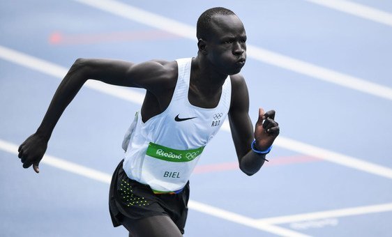 South Sudanese refugee, Yiech Pur Biel, runs the 800-metres for the Refugee Olympic Team in Rio. (August 2016)