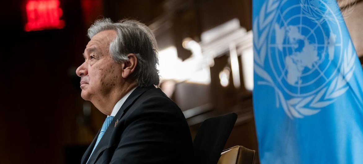 The UN Secretary-General, António Guterres, attends a virtual meeting marking the 75th anniversary of the first United Nations General Assembly which took place in London in January 1946. 