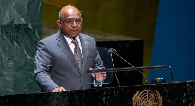 General Assembly President Abdulla Shahid briefs delegates on his priorities for the resumed part of the 76th session during an informal meeting of the plenary.