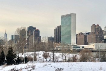 Вид на здание штаб-квартиры ООН в Нью-Йорке. Зимнее утро.