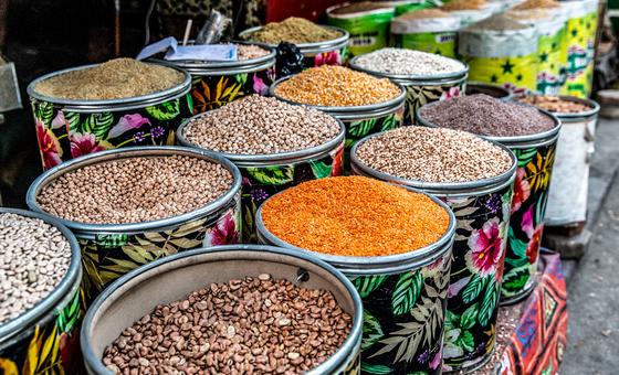 A variety of pulses on display in a market in Cairo, Egypt.