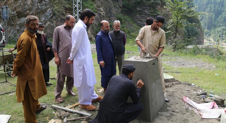 Forest guards from the Khyber Pakhtunkhwa Forest department in Pakistan create boundary pillars for  protection from encroachers.