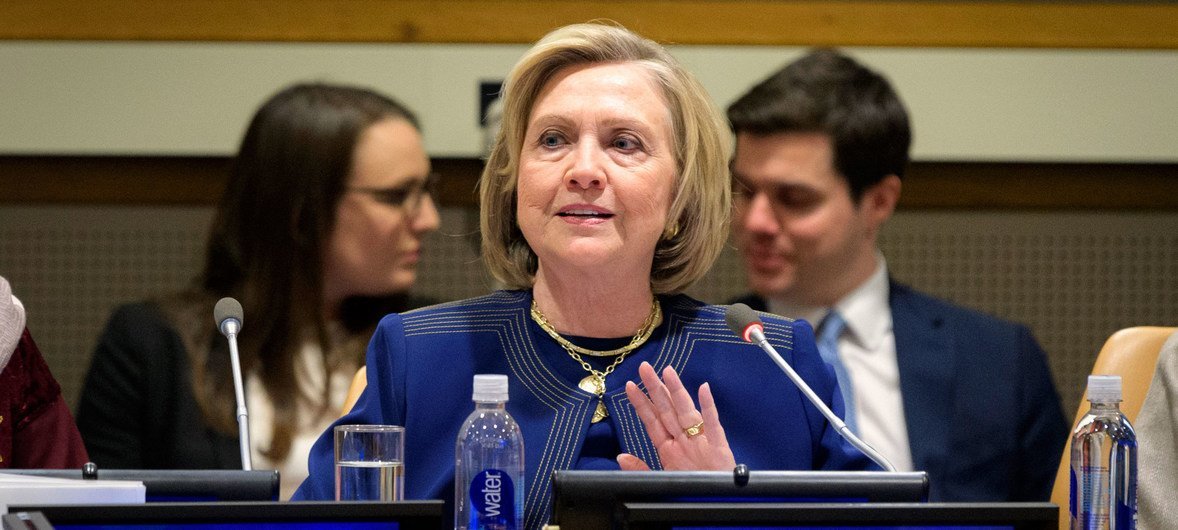 Former US Secretary of State, Hillary Clinton, addresses the Group of Friends of Afghanistan meeting at UN Headquarters.