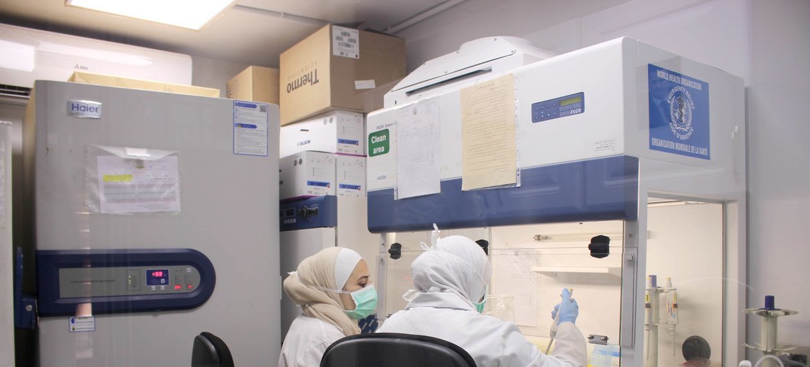 المختبر المركزي في دمشق وهو المختبر الوحيد الذي يقوم باختبار كوفيد-19 حتى الآن في سوريا.
