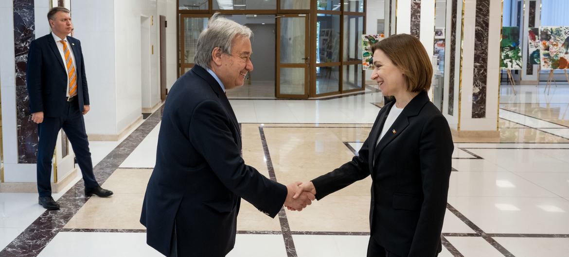United Nations Secretary-General Antonio Guterres (left) greets President Maya Sandu of the Republic of Moldova.