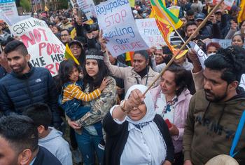 Demonstrators voice their grievances against the Sri Lankan government at a protest in London, UK in May 2022.