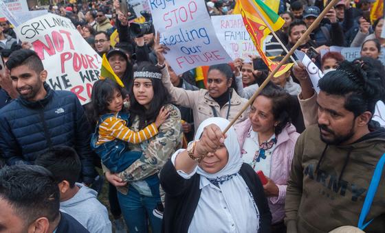 Demonstrators voice their grievances against the Sri Lankan government at a protest in London, UK in May 2022.