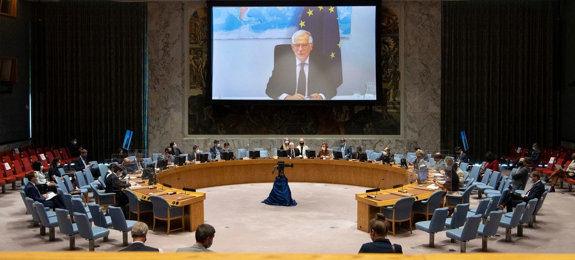 Security Council  meets on Cooperation between the UN and the European Union in maintaining international peace and security. On screen is Josep Borrell, High Representative of the EU for Foreign Affairs and Security Policy.