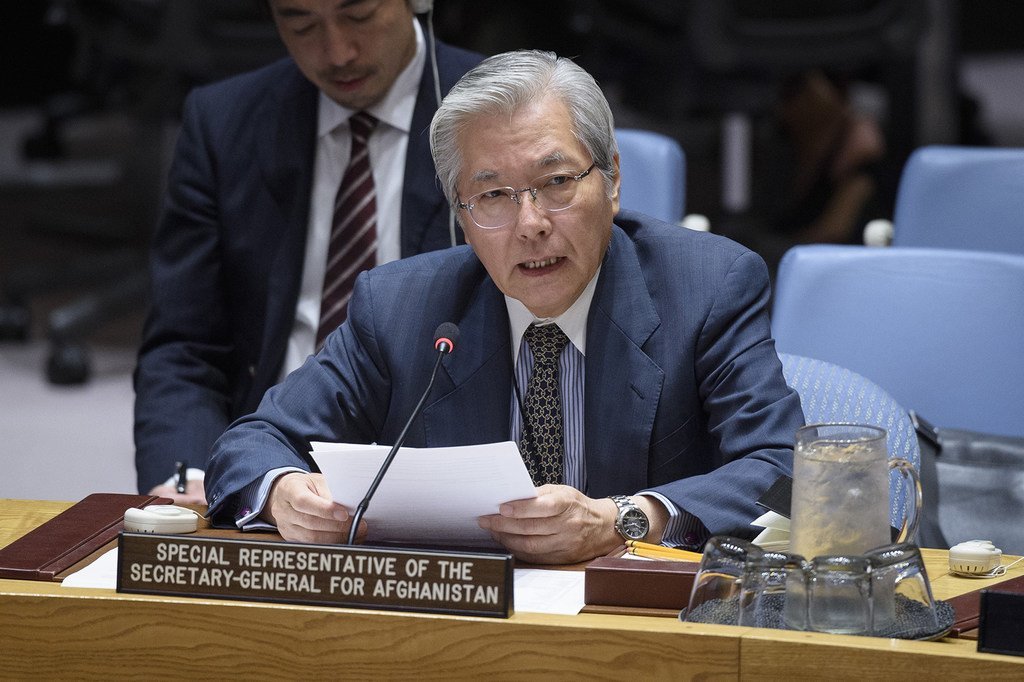 秘书长特别代表兼联合国阿富汗援助团团长山本中通向安理会会议介绍阿富汗局势及其对国际和平与安全的影响。(2019年9月10日)