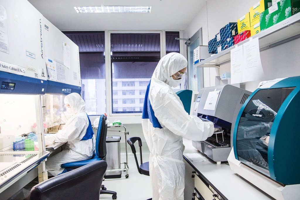 一名实验室技术员在泰国曼谷的一个健康与科学中心工作。 这是一个世卫组织关于病毒性人畜共患病研究和培训的合作中心。