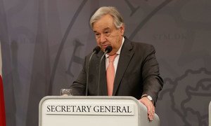 UN Secretary-General António Guterres speaks at a press conference in Copenhagen, Denmark.