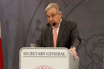 UN Secretary-General António Guterres speaks at a press conference in Copenhagen, Denmark.