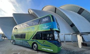 A zero emission National Express bus outside the SEC at the COP26 Climate Conference in Glasgow, Scotland.