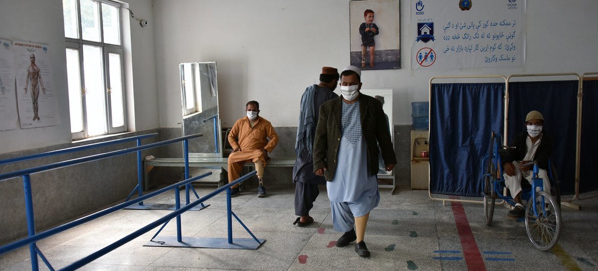 Patients during a rehabilitation session inside the Kandahar Rehabilitation Centre, Afghanistan during the COVID-19 crisis.