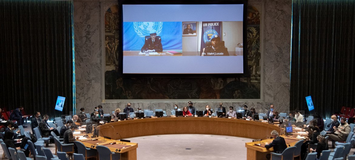 Police Commissioners Patricia Boughani (left on screen) of MINUSMA and Violet Lusala of UNISFA brief members of the Security Council on UN peacekeeping operations.