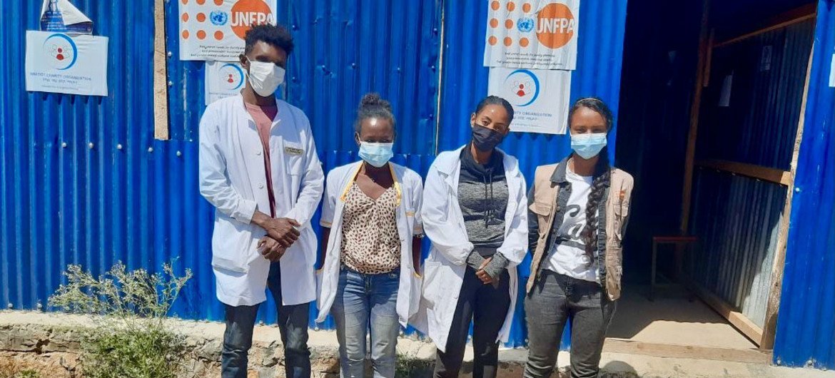 Dr. Fisha, Rahwa, Freweyni and Dr. Eden at the Maternity Waiting Home which is supported by UNFPA at the Sabacare 4 internally displaced site in Mekelle, Tigray.