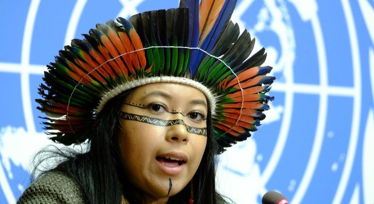 Young activist Hamangaí Pataxò from Brazil participating at the Human Rights Day in Geneva.