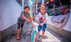 Venezuelan refugee children play at a shelter in Manaus, Brazil.