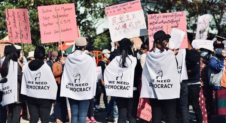 Young people take part in a pro-democracy demonstration in Myanmar.